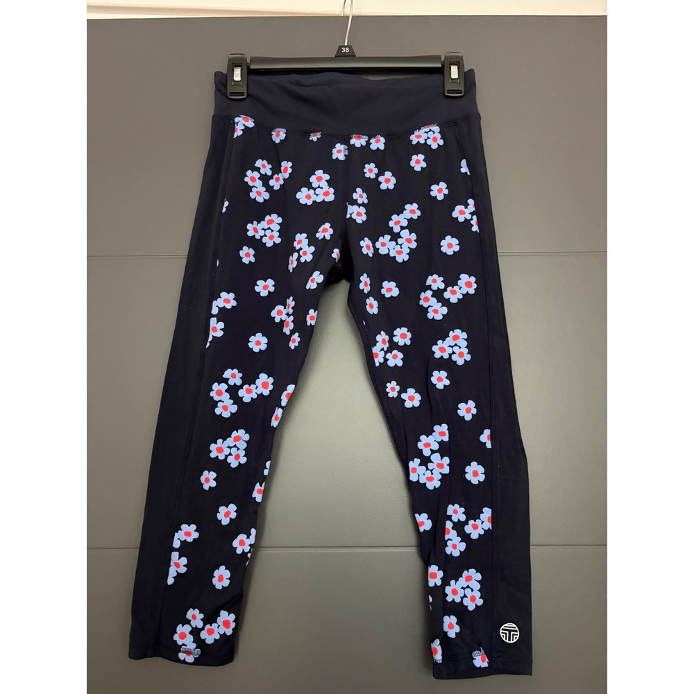 Tory Sport Navy Blue Floral Daisy Print Cropped Leggings Women Med Zip  Pocket